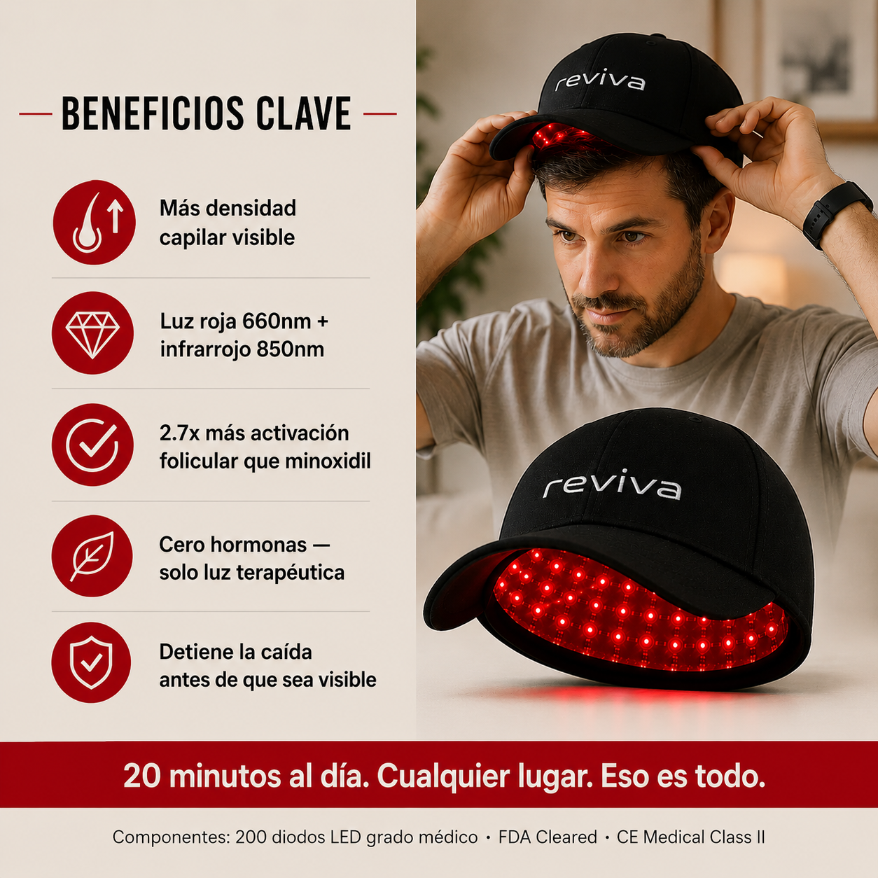 Gorra Reviva Pro — Recupera tu cabello sin pastillas ni cirugías.